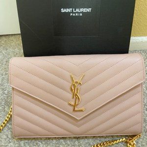 YSL Yves Saint Laurent Large Matelasse Wallet on Chain WOC Nude Pink Beige